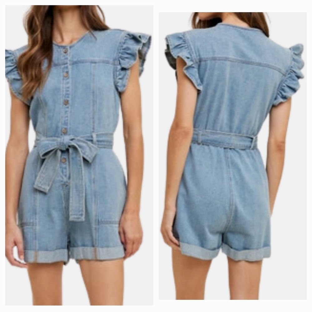 Wishlist Apparel Denim Ruffle Romper M Light Blue
